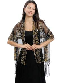 1 Stück eleganter, modischer, handgefertigter gestrickter Schal mit Pailletten-Herz- und Blumendesign für Frauen, hervorragend für Abendpartys, Bühnenauftritte und tägliches Accessoire, Frauentag, Valentinstag