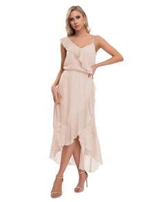 Vestido con corte asimétrico con detalle de olan de hombro a cintura - Beis - Ver 5