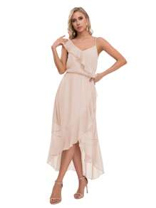 Vestido con corte asimétrico con detalle de olan de hombro a cintura - Beis - Ver 6