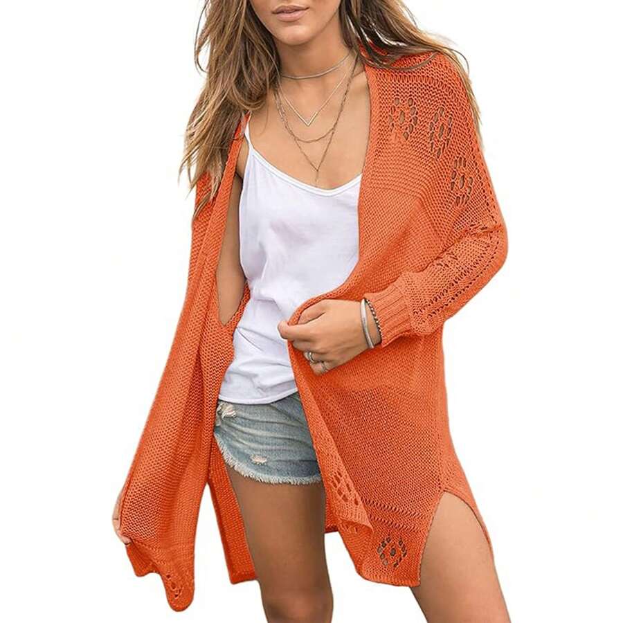 Sweaters flojos de manga larga y cuello en V transparente para mujer, tipo kimono y estilo bohemio para cubrir en la playa en verano, top de crochet ligero - Naranja - Ver 1