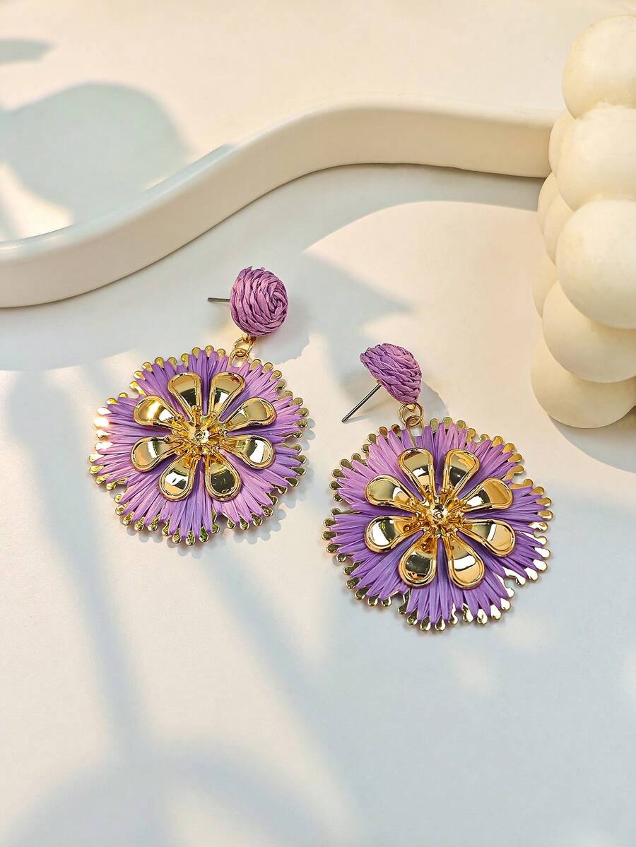 1對歐美波西米亞風格幾何圓形藤編耳環，度假風格手工編織耳坠式耳環，適合女性 - 紫色 - 查看 1