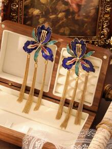 1 par de brincos vintage elegantes, boêmios, exagerados e na moda com design de íris dourada, pingente de franja de corrente artesanal esmaltada a frio em azul colorido, adequado para festas diárias de mulheres, Al-Adha, festivais e como presente de joias