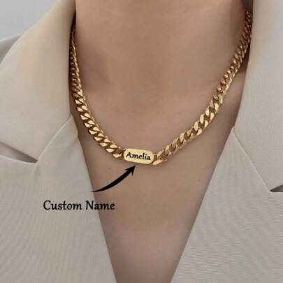 Collar personalizado con nombre personalizado, cadena gruesa de acero inoxidable clásica, marca personalizada con nombre grabado, collar de gargantilla de color dorado, joyería de pareja hip-hop, accesorios de fiesta, regalos de fiesta para amigos, glamour de Año Nuevo
