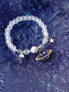 1pc Exquisite Star & Moon Beaded Couple Bracelet, Including Planetary, Lunar Cat Charm Bracelets - Multicolor - View 5