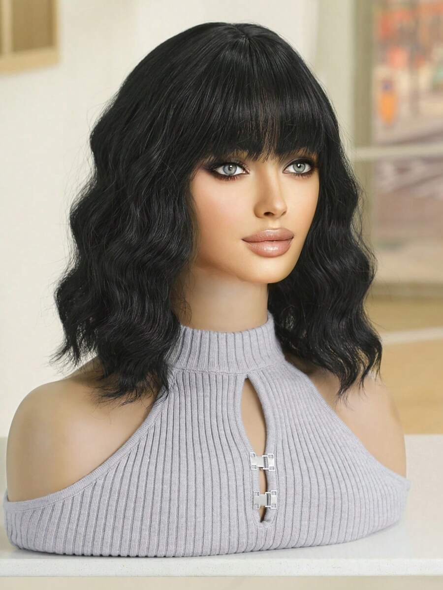 14Inch, Fluffy Summer Wig, Black Wavy Bob Short Curly Wig, Combined