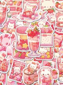 50pcs Cartoon Pink Snack Graffiti Stickers Personalized Decoration, Guitar Notebook Luggage Laptop Ipad DIY Waterproof Stickers