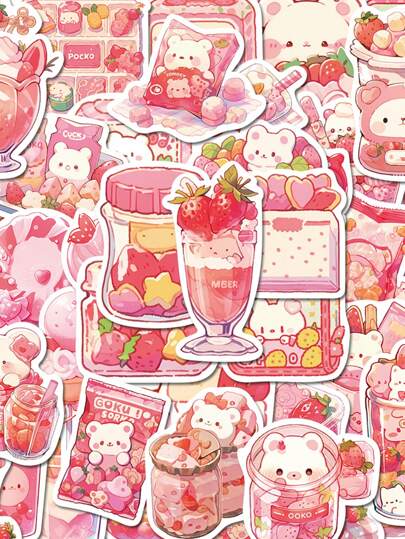 50pcs Cartoon Pink Snack Graffiti Stickers Personalized Decoration, Guitar Notebook Luggage Laptop Ipad DIY Waterproof Stickers