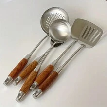1隻紅木炒匙，不銹鋼長柄炒菜鏟、湯匙、粥匙，廚房、廚房物品、食品、烹飪、露營、房間裝飾、組織、派對必備 - 銀色 - 查看 2