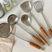 1隻紅木炒匙，不銹鋼長柄炒菜鏟、湯匙、粥匙，廚房、廚房物品、食品、烹飪、露營、房間裝飾、組織、派對必備 - 銀色 - 查看 1