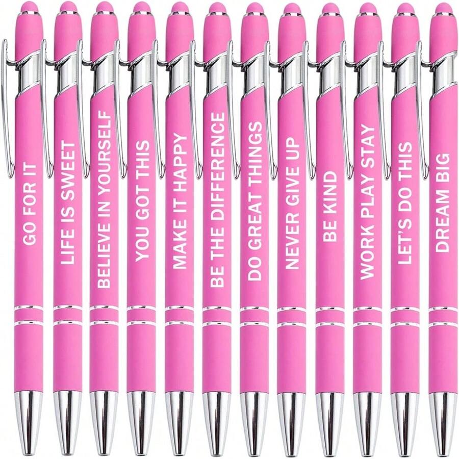 12pcs Pink Inspirational Quotes & Sarcastic Screen Touch Pen Ballpoint Pens, Office Motivational Scriptures, Black Ink - Black - View 1