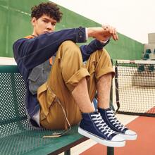 男女通用時尚高筒運動鞋女士經典高筒帆布鞋男士休閒網球鞋 - 海軍 - 查看 2