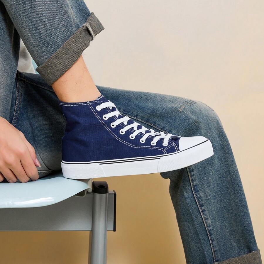 男女通用時尚高筒運動鞋女士經典高筒帆布鞋男士休閒網球鞋 - 海軍 - 查看 1