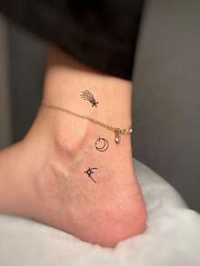 1pc Temporary Tattoo Cute Little Elements, Planet Flame Plane Love Straight Pattern Design Waterproof Fake Tattoo Stickers Disposable - Black - View 4