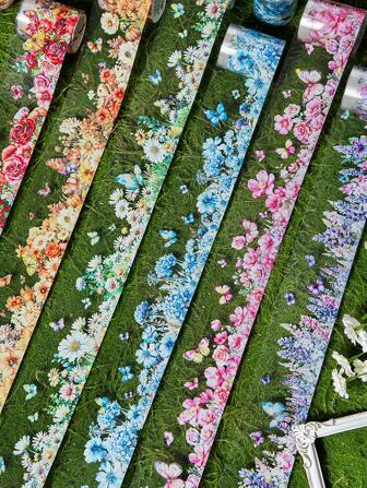 1 Roll PET Waterproof Self-Adhesive Tape With Simulated Flower, Butterfly Decorative Stickers, Seashell-Like Scenery For Scrapbooking, DIY Crafts Back To School