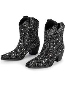 Botas de vaquero negras para mujer con pedrería - Botas vaqueras brillantes con glitter para mujeres con gemas en la pantorrilla ancha, botas occidentales de media pantorrilla y rodilla alta, con tacón grueso de diamantes - Negro - Ver 5