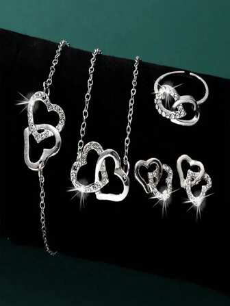 1 枚个人戒指 +1 枚个人项链 +1 枚个人手链 +1 对耳钉不锈钢首饰套装双镂空心形设计水钻镶嵌女士礼物情人节、妈妈、母亲、母亲节、礼物