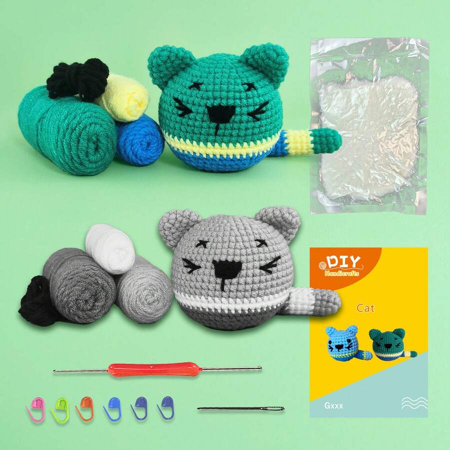 2 Sets Or 1 Set Crochet DIY Cat Plush Doll Material Kit, Easy To Learn With Detailed Step-By-Step Video Tutorial, English Instructions, Crochet Hook, Stitch Marker, Sewing Needle, Etc. (Tool Accessories Have Random Colors) - 2 Pieces - Green and Gray - View 1