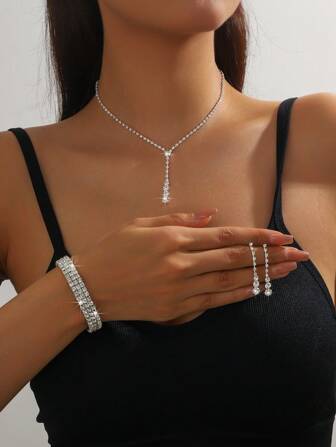 4pcs Full Rhinestone Gem Noble Elegant Simple & Exquisite All-Match High-Grade Necklace With Earrings And Bracelet, Suitable For Women's Daily Commute, Wedding Party, Festival Holiday Gift, Jewelry Set