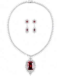 1 juego de 3 piezas de collar y aretes de circonita cúbica de estilo europeo; adecuado para bodas, banquetes y otras ocasiones de alta gama; decoraciones con forma de rectángulo y lágrima para ropa de mujer festiva