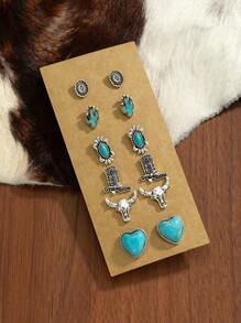 6對/套女士復古波西米亞風耳環、牛仔花款式、綠松石耳釘套裝禮物 - 彩色 - 查看 4