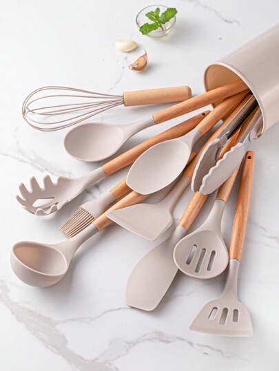 12pcs Wooden Handle Silicone Kitchen Utensils Set With Storage Bucket