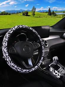 3pcs Fabric Waterproof Steering Wheel Cover, Handbrake Cover And Gear Shift Cover, Suitable For 14.5-15 Inch Universal Car, With Daisy, Panda And Bear Paw Print Design