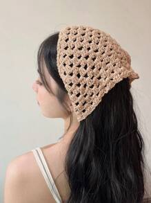 针织花朵纯色系带头巾女士头带，花卉钩针头巾头巾，三角形头套简约头巾，夏季护发，钩针蕾丝女式头巾，波西米亚风复古头巾礼物 - 卡其色 - 查看 2