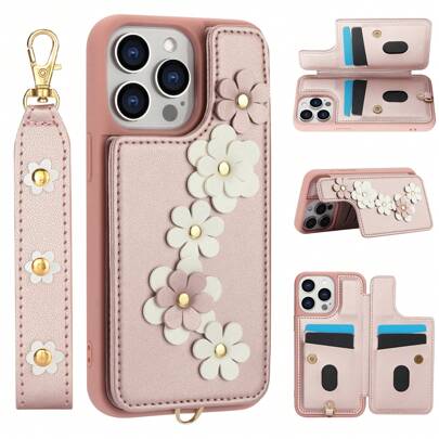 兼容 16 15 14 Plus 13 12 11 Pro Max 兼容三星 Galaxy S25 S24 S23 S22 Ultra Plus A13 A14 A15 A16 A34 A35 A53 A54 A55 A56 S23 FE 立体花朵钱包式手机壳，PU 皮革翻盖防震手机壳带挂绳支架女士钱包手机壳防水防摔防刮