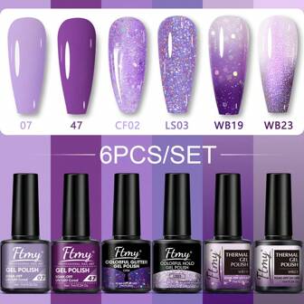 FTMY 6色凝胶指甲油套装 - 6色凝胶指甲油套装，含底油、哑光/亮光面油，紫色系列女士礼物