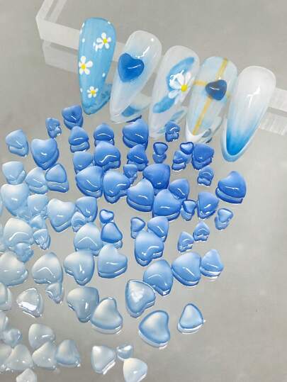 pinpai 1包光致变色美甲装饰贴，冰透明渐变藏蓝色心形，3种尺寸，90个/包（在紫外光下呈现不同的藏蓝色色调）