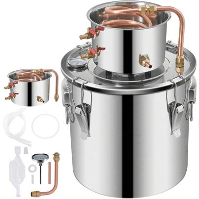 Alcohol Still 5Gal/20L Alcohol Distiller Stainless Steel Distillery Kit For Alcohol With Copper Tube Home Brewing Kit Build-In Thermometer For DIY Whisky Wine Brandy