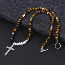 Men's Stainless Steel Tiger Eye Beaded Cross Pendant Necklace - Silver - View 12