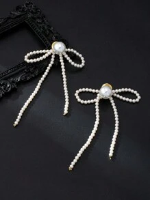 1 Pair 18K Gold Plated, Fashion, Versatile, Daily-Wear Earrings With Glass Pearl, Tassel And Bow Design, Elegant Earrings For Women, Suitable For Banquet/Gift For Mother's Day - White - View 3