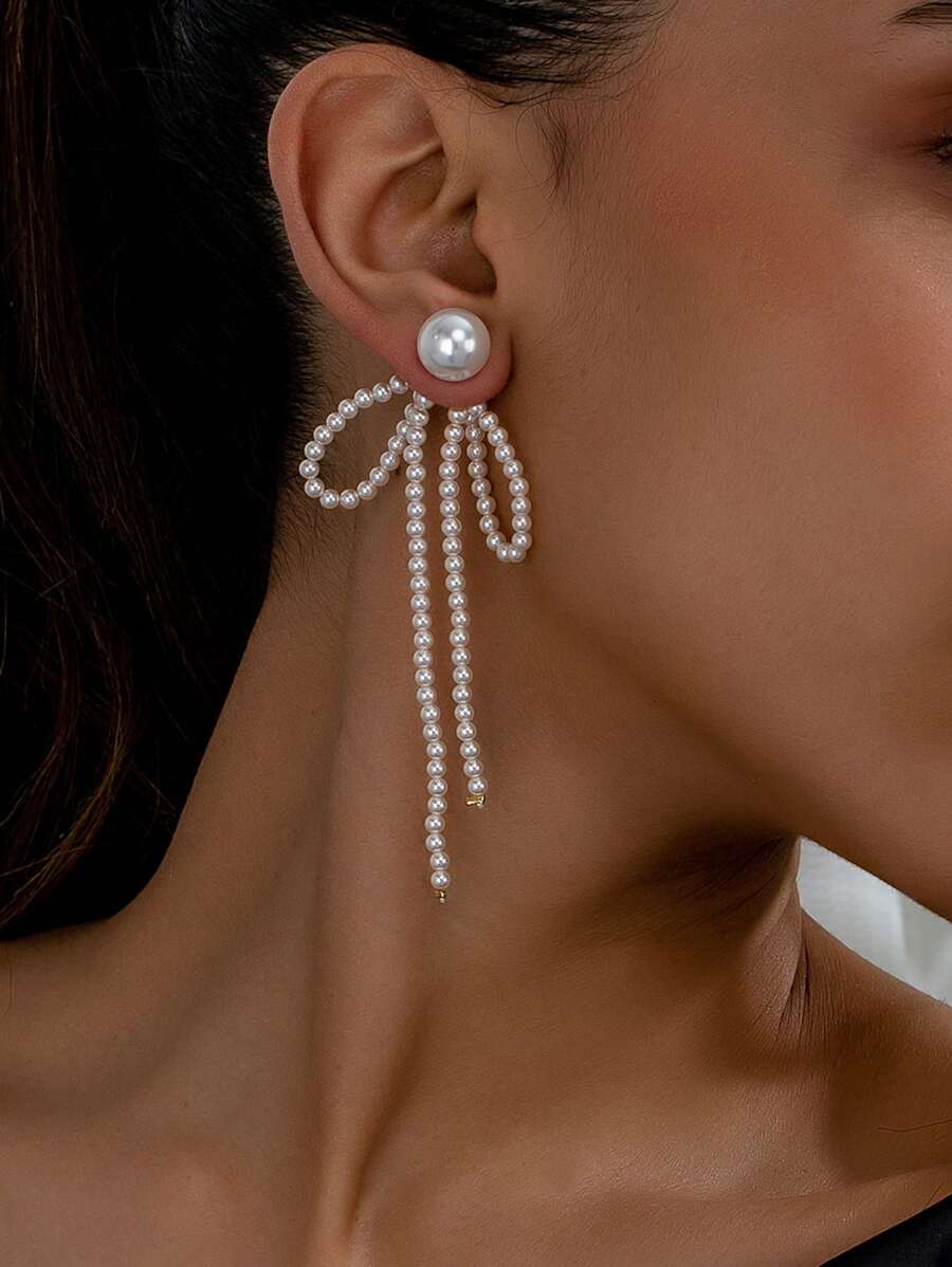 1 Pair 18K Gold Plated, Fashion, Versatile, Daily-Wear Earrings With Glass Pearl, Tassel And Bow Design, Elegant Earrings For Women, Suitable For Banquet/Gift For Mother's Day - White - View 1
