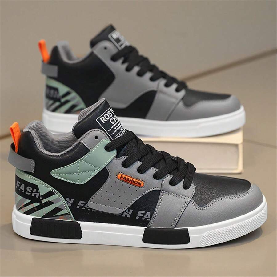 高帮男士鞋运动防滑步行鞋时尚百搭小白鞋休闲运动鞋加大码 47 - 黑灰 - 查看 1