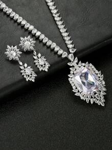 1 juego de 3 piezas de collar y aretes de circonita cúbica de estilo europeo; adecuado para bodas, banquetes y otras ocasiones de alta gama; decoraciones con forma de rectángulo y lágrima para ropa de mujer festiva