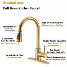 Matte Black/Chromium Plating/Brushed Nickel/Brushed GoldKitchen Faucet With Pull Down Sprayer,Stainless Steel Single Handle Kitchen Faucet,Multiple Modes Switch Water, 8'' Deck Plate Included,Suitable For Farmhouse Laundry Rv Bar - Brushed Gold - View 2