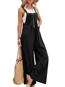 Monos De Pierna Ancha Para Mujer, Monos Informales Con Pechera De Verano, Tirantes Sueltos Sin Mangas Con Bolsillos Navidad Ropa Mujer - Negro - Ver 3