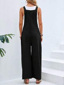 Monos De Pierna Ancha Para Mujer, Monos Informales Con Pechera De Verano, Tirantes Sueltos Sin Mangas Con Bolsillos Navidad Ropa Mujer - Negro - Ver 2
