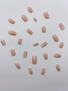 24 Pezzi Di Unghie Finte Con Stiletto Francese Nude Con Design Francese Con Linea Oro Lucida - Forma Media Quadrata, Per Donne E Ragazze - Unghie Finte Con Glitter A Copertura Totale, Crea Un Aspetto Stupefacente - Cachi - Visualizzare 3
