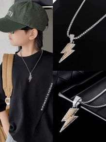1pc Boys' Stylish Cool Personalized Lightning Symbol Casual Necklace, Street Style Hip Hop Daily Wear, Birthday Gift For Kids - Silver - View 1