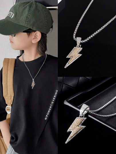 1pc Boys' Stylish Cool Personalized Lightning Symbol Casual Necklace, Street Style Hip Hop Daily Wear, Birthday Gift For Kids