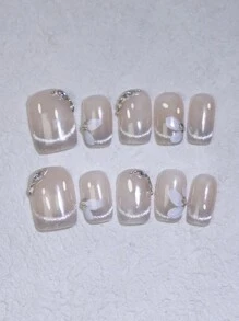 10pcs Handmade Nail Stickers, Fresh Apricot Cat Eye French Manicure With Camellia Flower Pattern, Handpainted Glossy Rhinestone Nail Jewelry, Reusable Short Square False Nails, Suitable For Brides And Party Manicure - Apricot - View 4