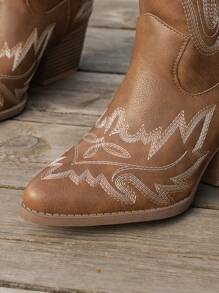 Women's Fashionable Slip-On Solid Color Wedge Heel Boots With Embroidered Flowers