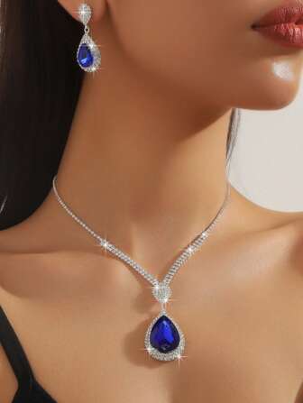 1 pieza Collar de lágrima geométrico multicolor de moda y 1 pieza de aretes de lágrima geométricos multicolor de cristal, adecuados para el vestido de noche de la mujer, conjunto de collar y aretes versátil