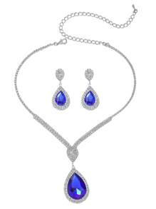 1入時尚多色幾何水滴水晶項鏈和1對多色幾何水滴水晶耳環，適合女士的晚禮服，多用途的項鏈耳環套裝