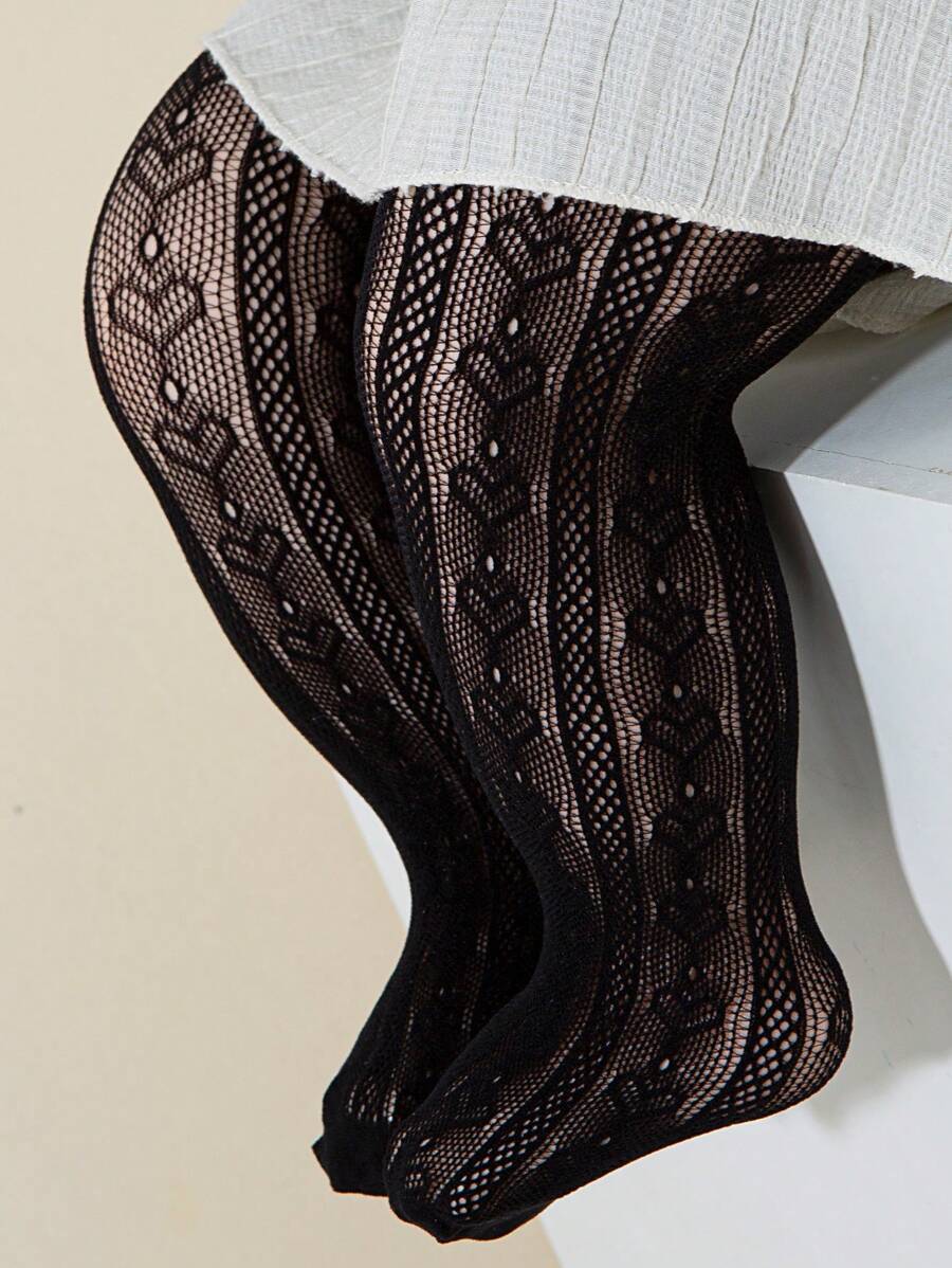 1 件装女童时尚镂空心形紧身裤，轻质防勾丝夏季打底连裤袜，透气网眼，适合日常穿着 - 黑色 - 查看 1