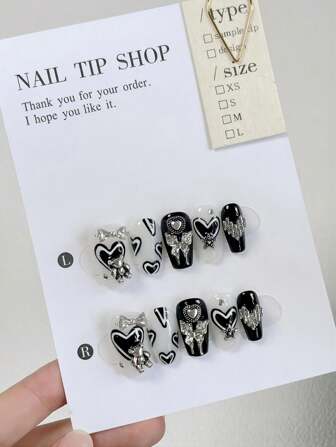 Upgrade Your Look - Handmade Metal Teddy Bear & Butterfly Pendant Charms, Dual Color Painted Metal Star & Heart Jewelry, Detachable False Nails, Full Coverage Manicure Set, Reusable For Women & Girls, Includes Nail File & Gel Polish Press On Nails Nail Supplies Nails