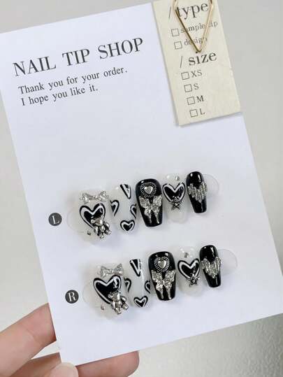 Upgrade Your Look - Handmade Metal Teddy Bear & Butterfly Pendant Charms, Dual Color Painted Metal Star & Heart Jewelry, Detachable False Nails, Full Coverage Manicure Set, Reusable For Women & Girls, Includes Nail File & Gel Polish Press On Nails Nail Supplies Nails