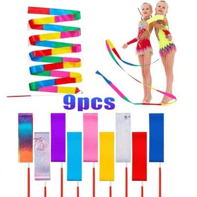 9pcs 2m Combination Color Ribbons - Gradient+Flash Star+Red+Purple+Sky Blue+Silver+Dark Blue+Light Yellow+Pink - Rhythmic Gymnastics Artistic Ribbon With 30cm Stick, Multi-Colored Ribbons Exercising In Gym Dance For Adults, Sports Gymnastics And Parties